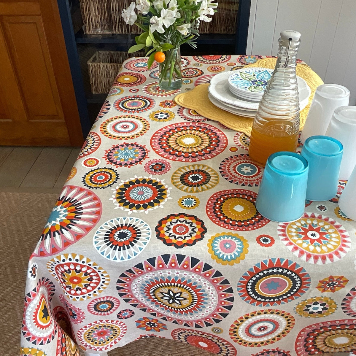 Coated French Tablecloth | Multicolor Mandalas | Amelie Michel