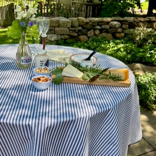 Degas Ticking Stripe Blue Acrylic-Coated Round Tablecloth