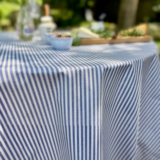 Degas Ticking Stripe Blue Acrylic-Coated Round Tablecloth