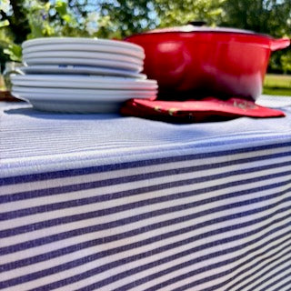 Degas Ticking Stripe Blue Acrylic-Coated Tablecloth