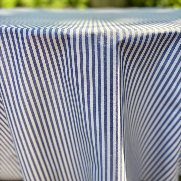 Degas Ticking Stripe Blue Acrylic-Coated Round Tablecloth