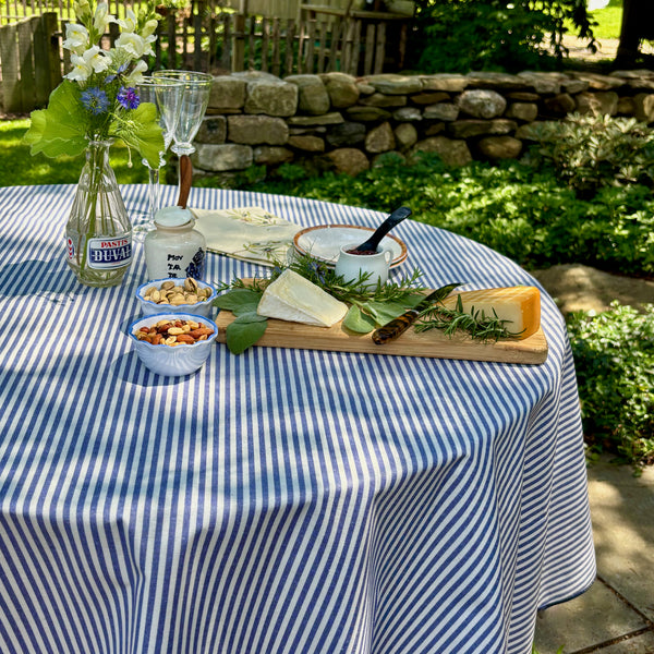 Degas Ticking Stripe Blue Acrylic-Coated Round Tablecloth