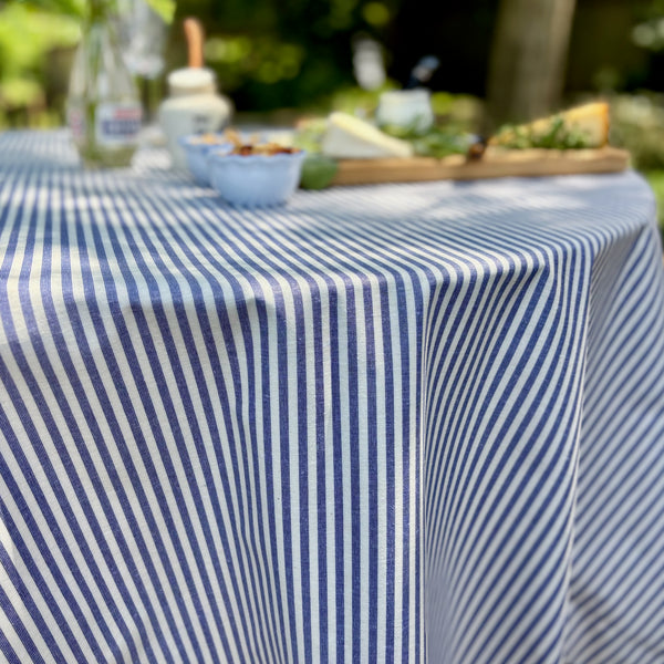 Degas Ticking Stripe Blue Acrylic-Coated Round Tablecloth