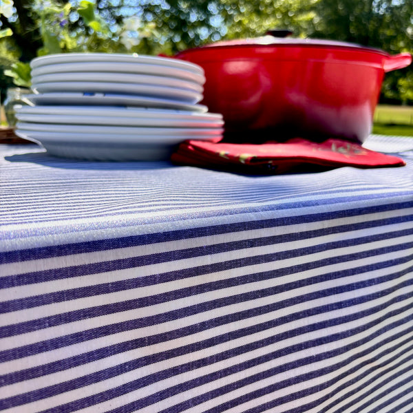 Degas Ticking Stripe Blue Acrylic-Coated Tablecloth