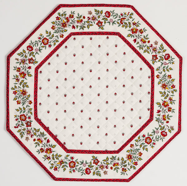Placemat, Octagonal, Calison Fleur White w/ Red