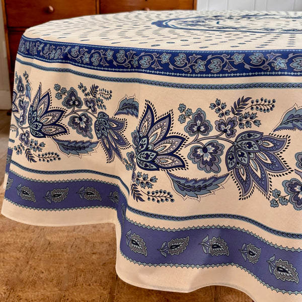 Marie White & Blue Acrylic-Coated Round Tablecloth