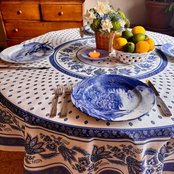 Marie White & Blue Acrylic-Coated Round Tablecloth