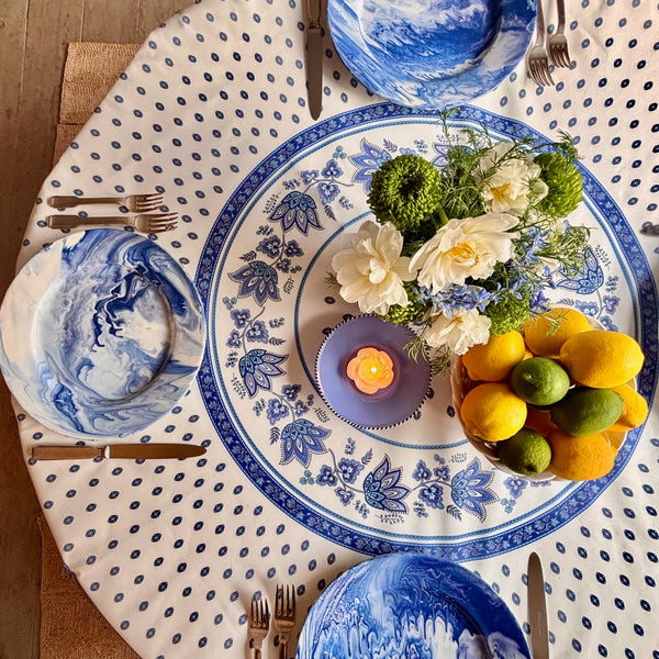 Marie White & Blue Acrylic-Coated Round Tablecloth