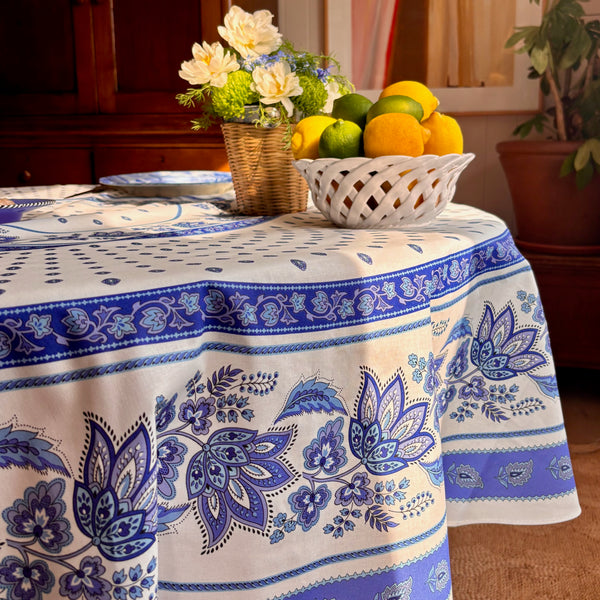 Marie White & Blue Acrylic-Coated Round Tablecloth