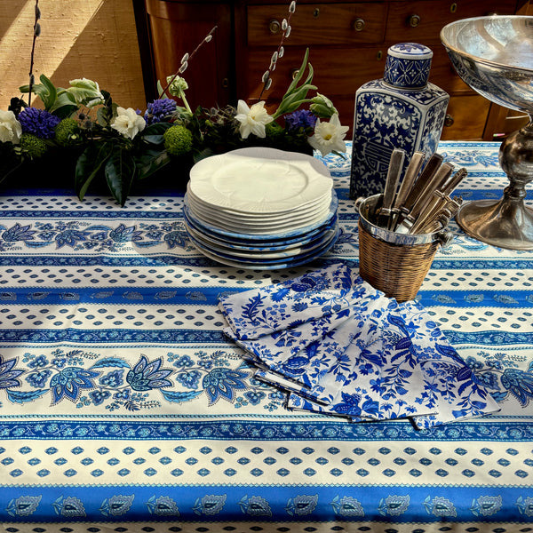 Marie White & Blue Acrylic-Coated Tablecloth