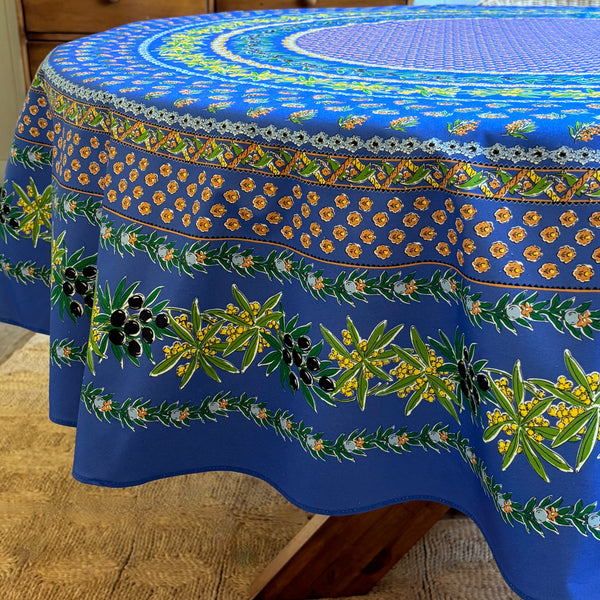 Olives Mimosa Blue Acrylic-Coated Round Tablecloth