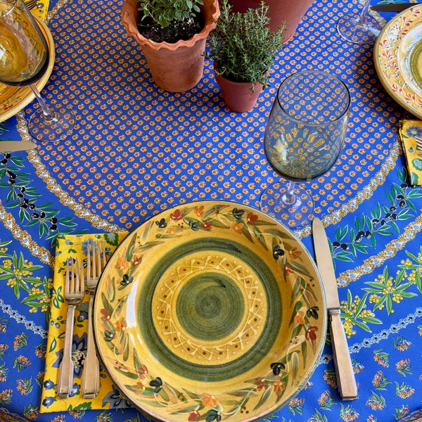 Olives Mimosa Blue Acrylic-Coated Round Tablecloth