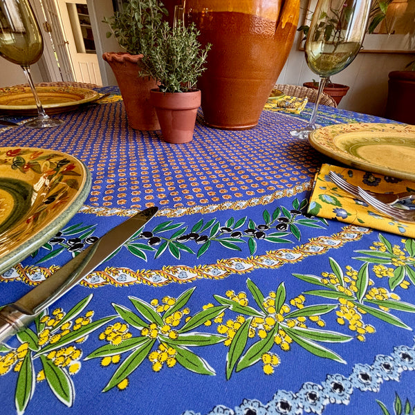 Olives Mimosa Blue Acrylic-Coated Round Tablecloth