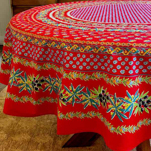 Olives Mimosa Red Acrylic-Coated Round Tablecloth