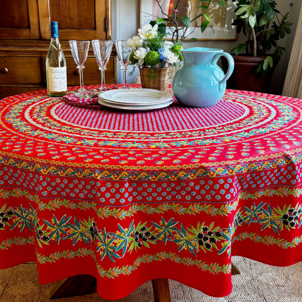 Olives Mimosa Red Acrylic-Coated Round Tablecloth
